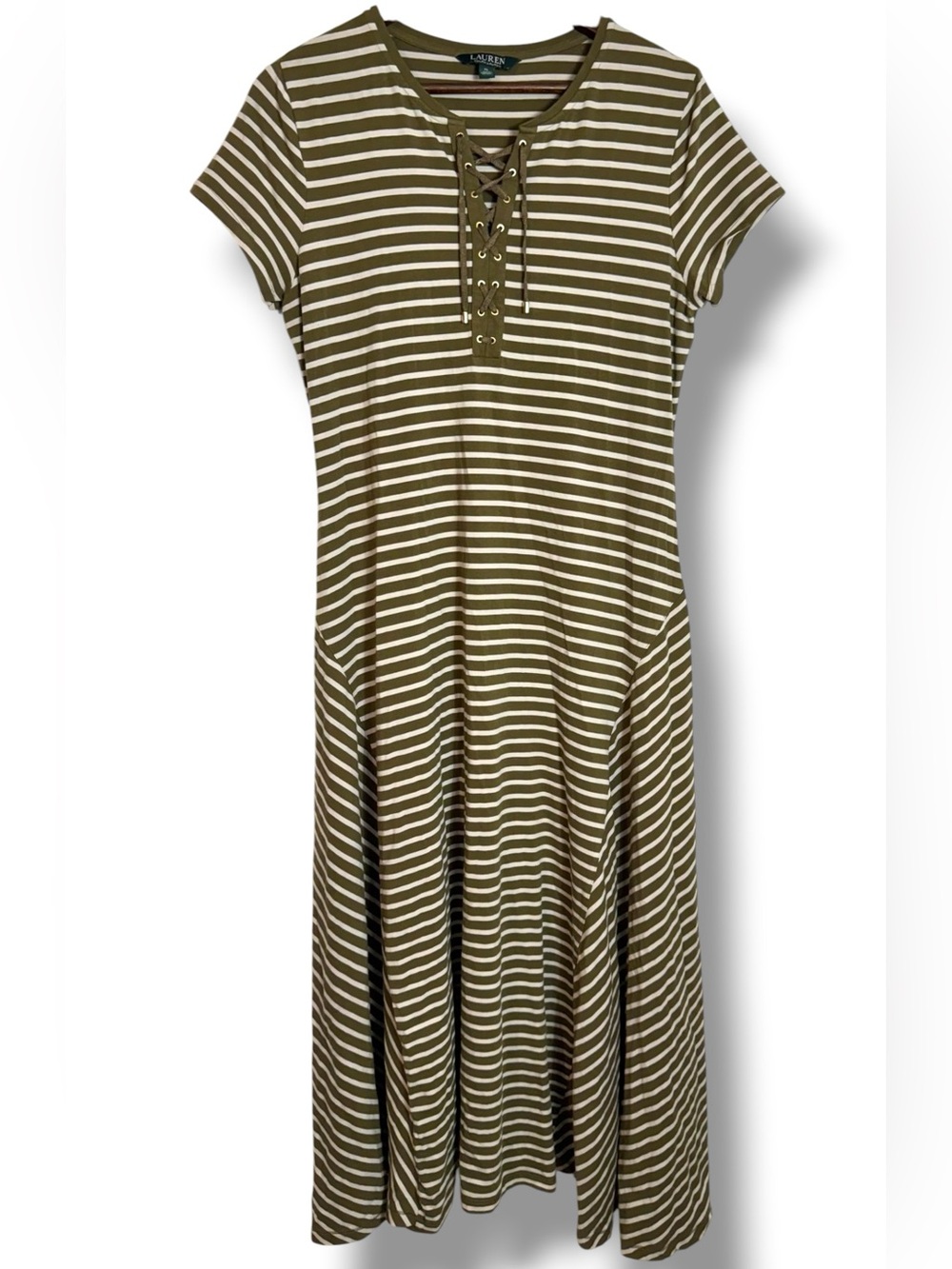 Lauren Ralph Lauren Olive Green Striped Maxi Dress Lace Up Placket Women’s XL